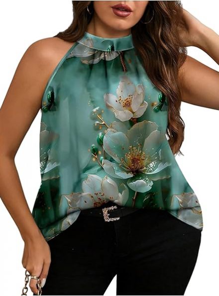 Graphic Knot-Front Halter Top – Sleeveless Boho Summer Top